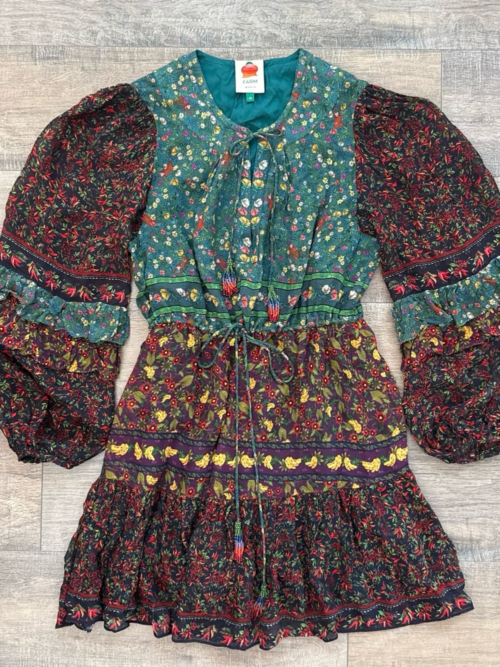 FARM Rio Teal, Black & Burgundy Floral Tiered Dress